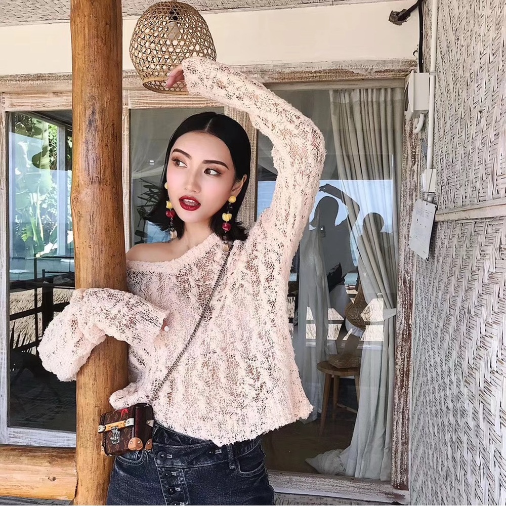 June Eleven Open Knit Sheer Elegant V-Neck Sweater in Cream - Picture 2 of 8